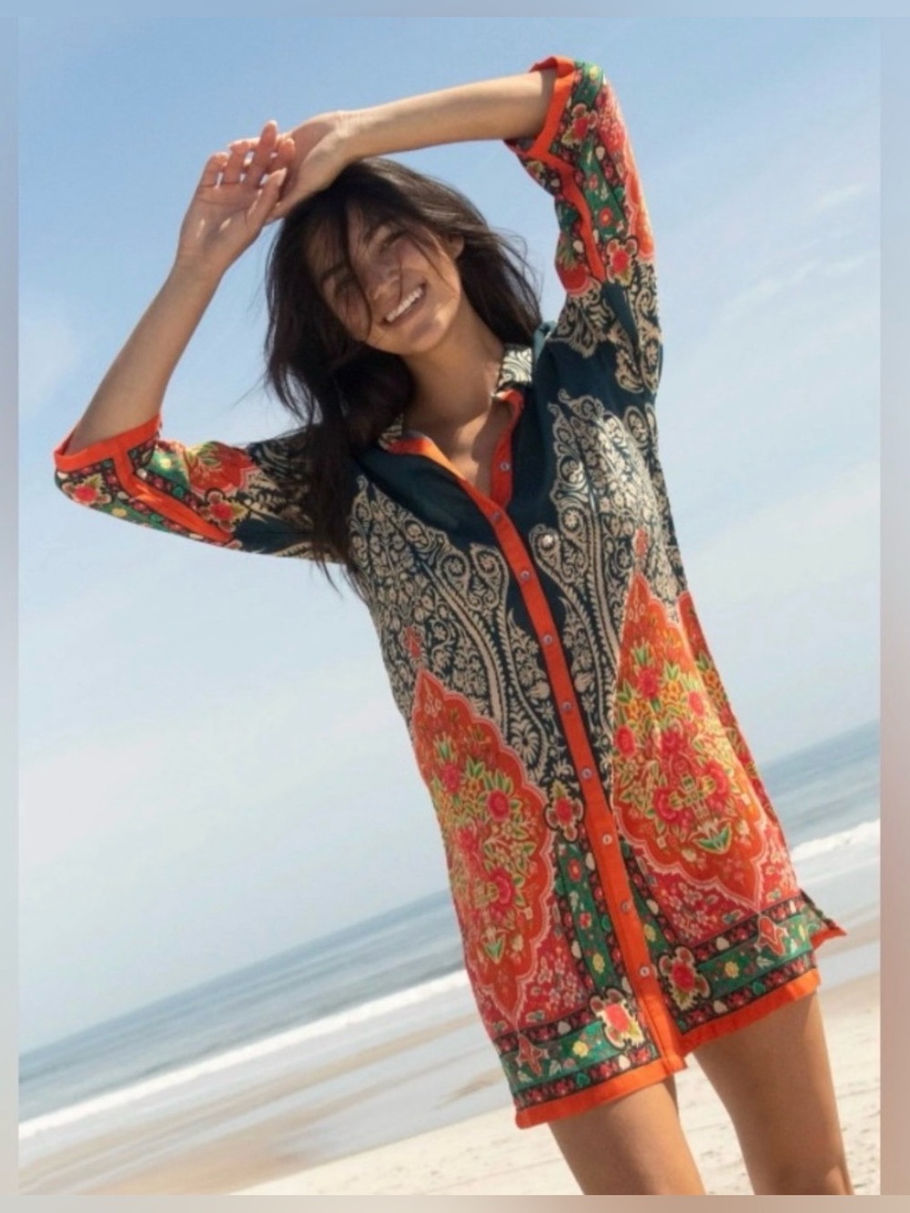 Natural Life Women’s Fiona Tunic Dress Bohemian Beachy 3/4 Sleeve Medium
